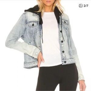 BlankNYC Casual Encounter Distressed Denim Jacket - Black Knit Detachable Hood